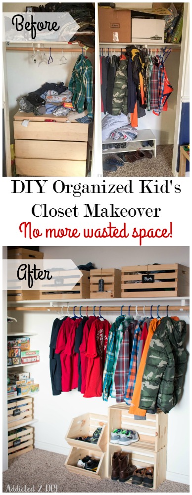 This closet makeover is so amazing!  There was so much wasted space and with some simple DIY touches and some crates, it's perfectly organized.