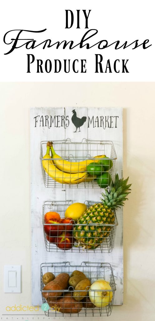 This farmhouse style produce rack is so easy to build and so useful.  There are literally TONS of different places in the house this can be used!