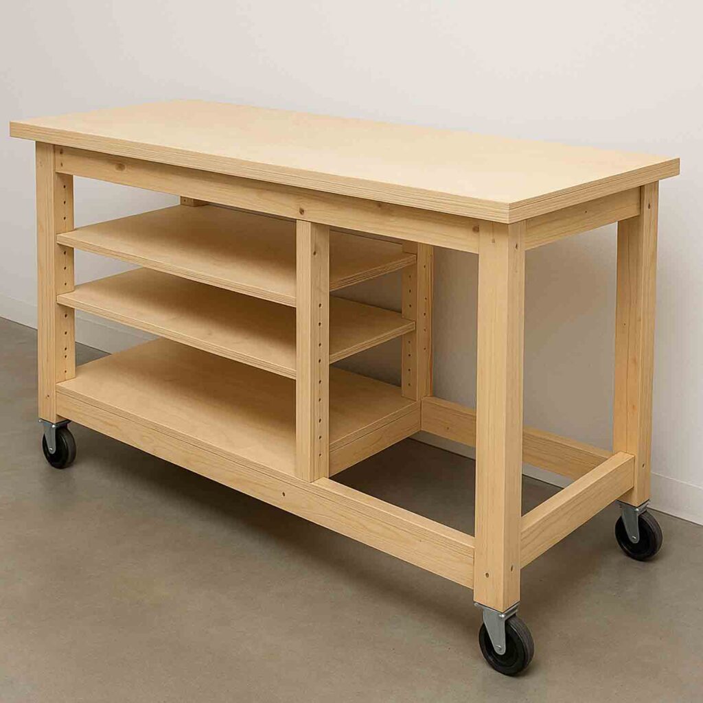 Finished DIY 6 foot mobile workbench with adjustable shelving and caster wheels in a workshop.