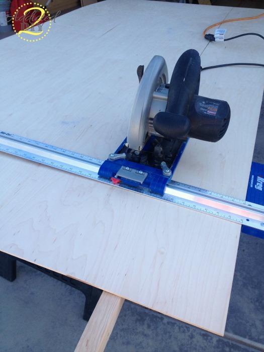 Cutting maple veneer plywood with a circular saw and Kreg Rip-Cut guide for DIY kitchen island build