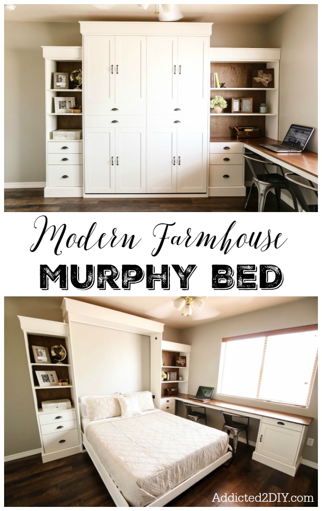 Modern farmhouse Murphy bed with built-in desk and bookcases in home office transformation