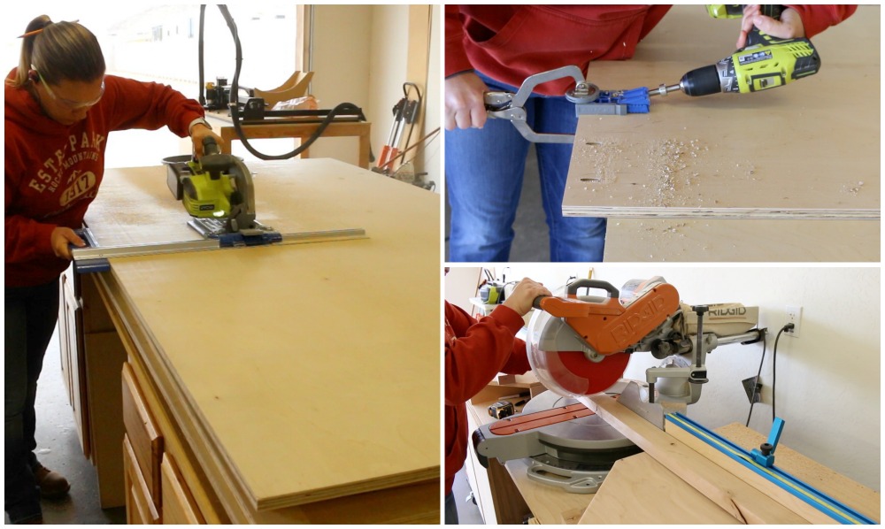 Cutting plywood and lumber for the first steps of building a queen size storage bed