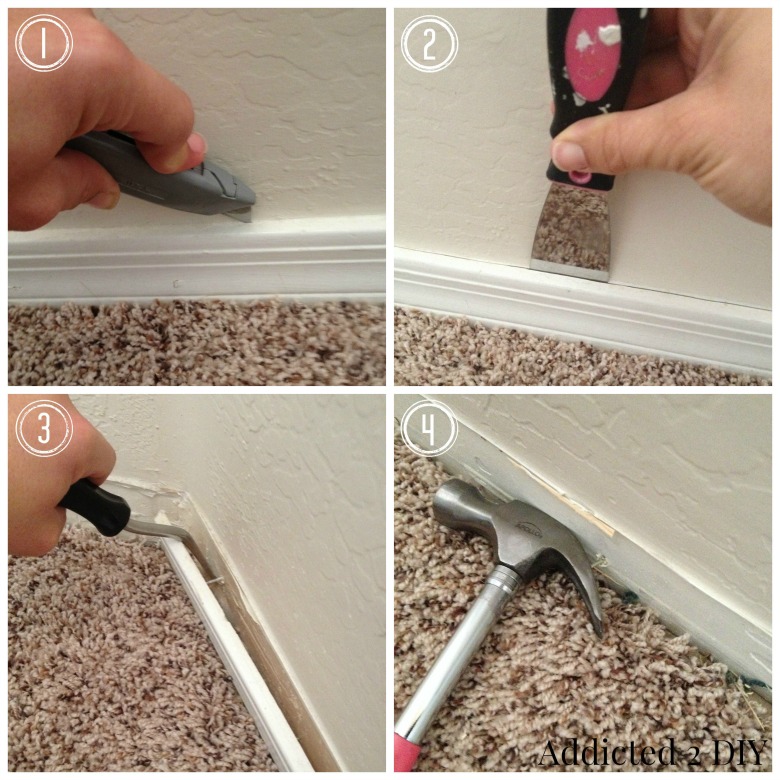 Step by step process to remove baseboards including cutting caulk and prying trim from wall
