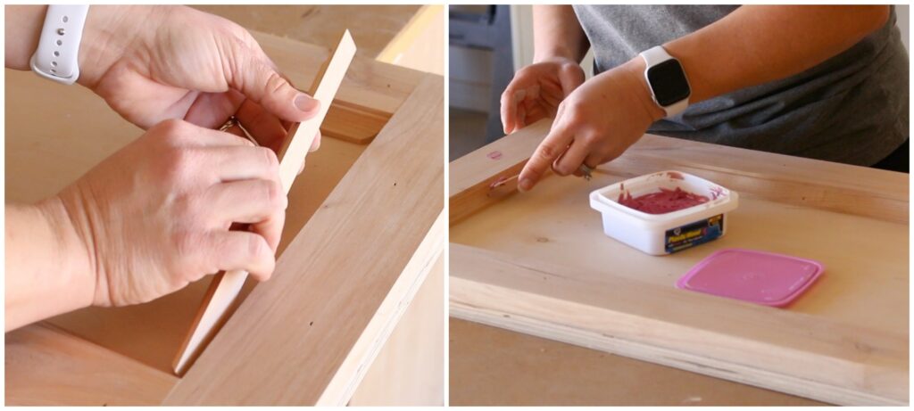 Adding cove moulding and filling nail holes on a DIY queen size storage bed frame