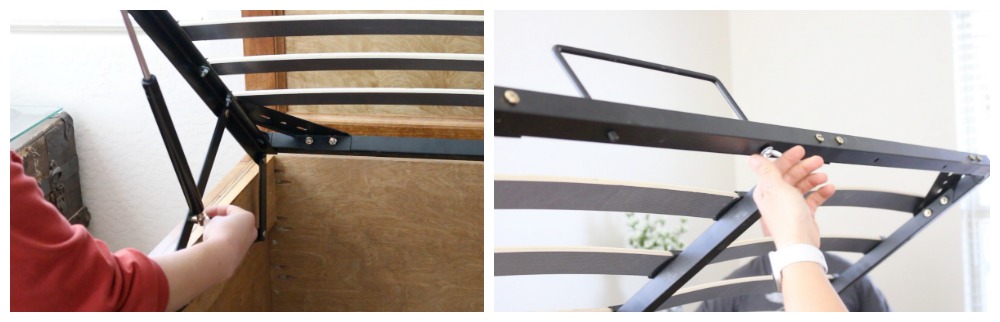 Attaching gas struts and handles to the lift platform on a queen size storage bed
