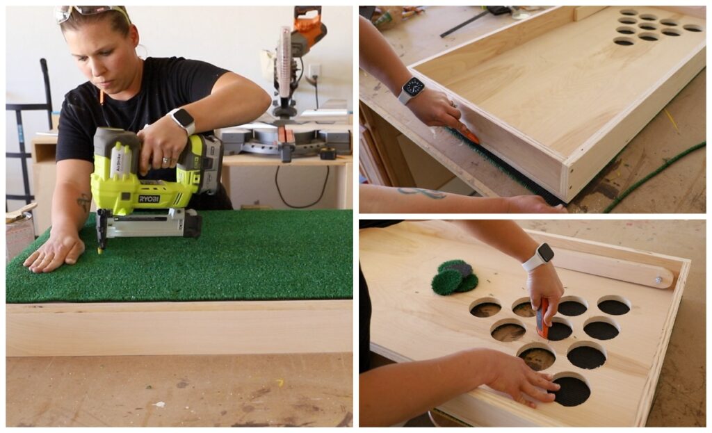 attaching astroturf to plywood and cutting holes with razor knife