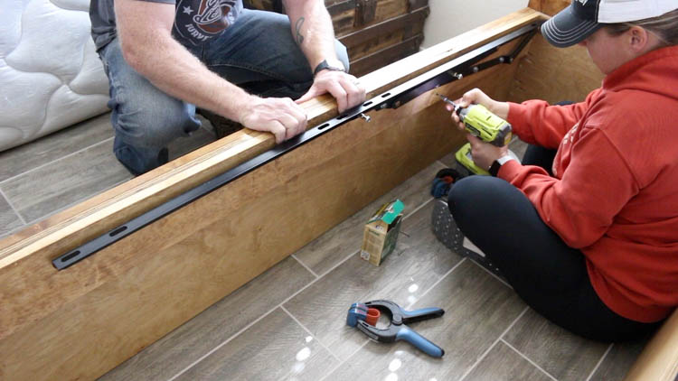 Attaching side cleats inside the bed platform for a DIY queen size storage bed