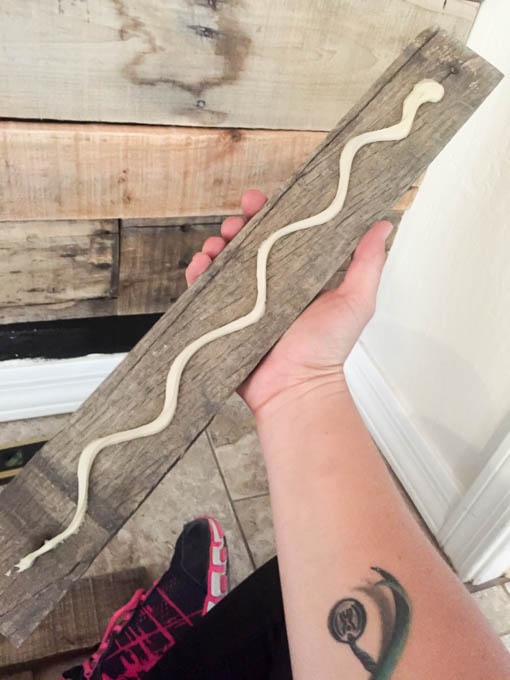 Applying construction adhesive to back of pallet board before attaching to wall