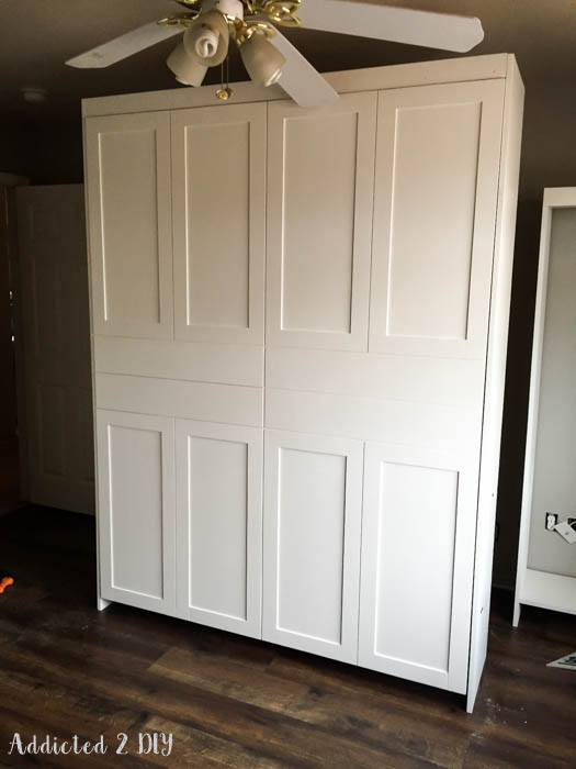DIY Murphy bed cabinet installed and closed with painted shaker-style front