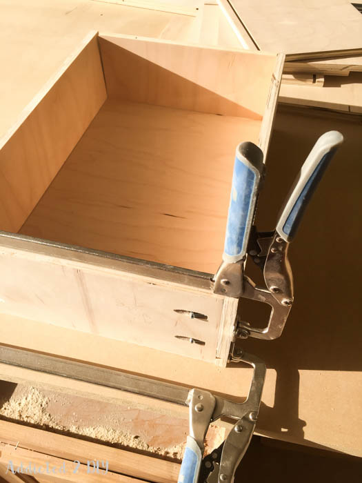Drawer box clamped and glued together