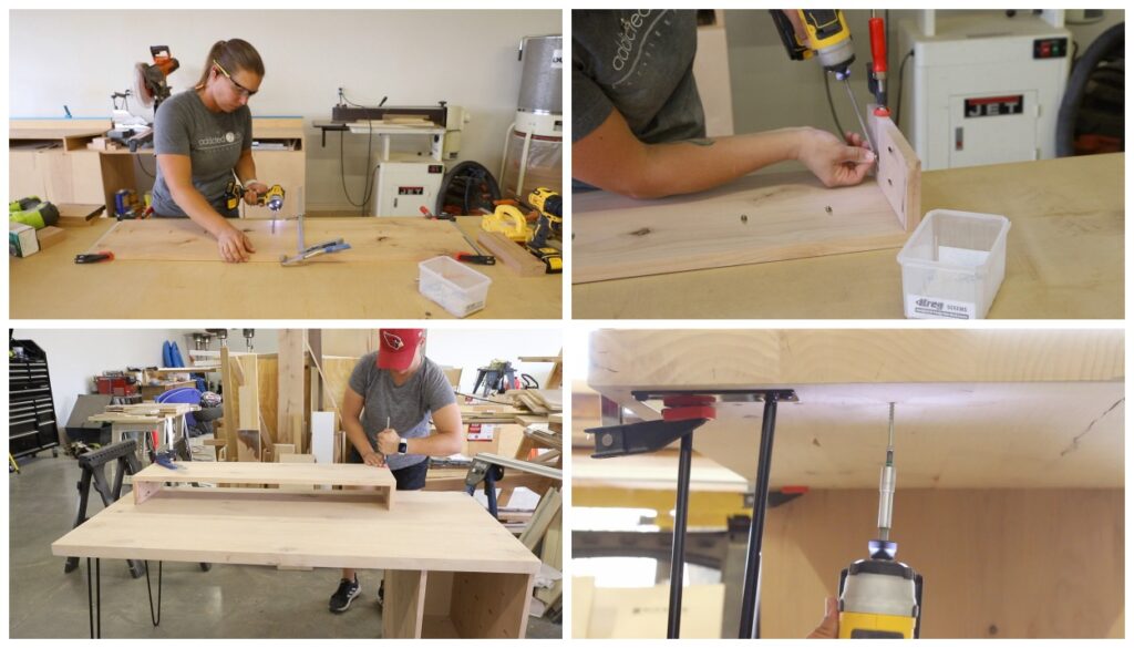 Four-panel collage showing the steps to build and attach a monitor shelf to a DIY gaming desk