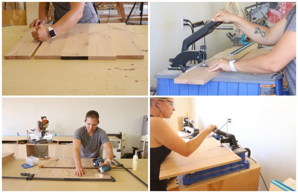 Four-panel collage showing the process of marking, cutting, and assembling side panels for a DIY desk
