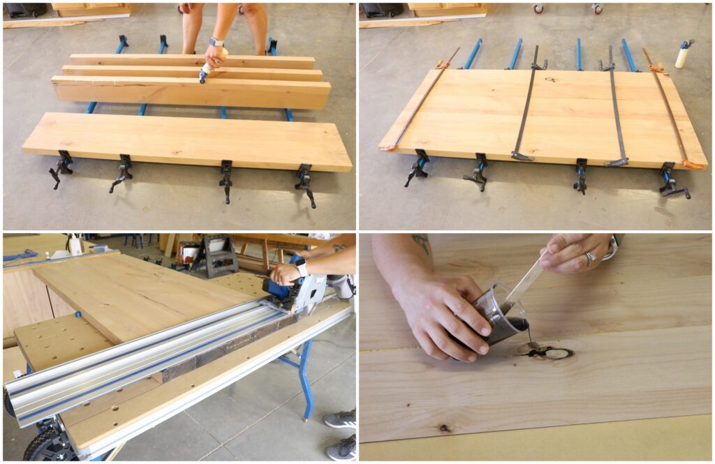 Four-panel collage showing gluing, clamping, trimming, and filling knots in a solid wood desktop