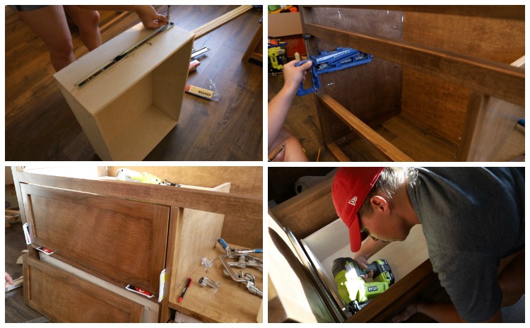 Four-photo collage showing installation of drawer slides and centering drawer faces in the face frame of a DIY captain's storage bed