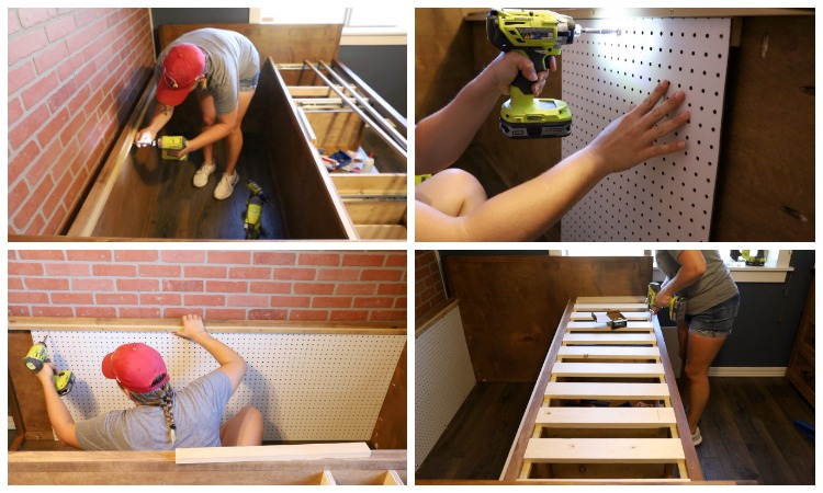 Four-photo collage showing installation of mattress slats and pegboard inside the hidden storage compartment of a DIY captain's bed