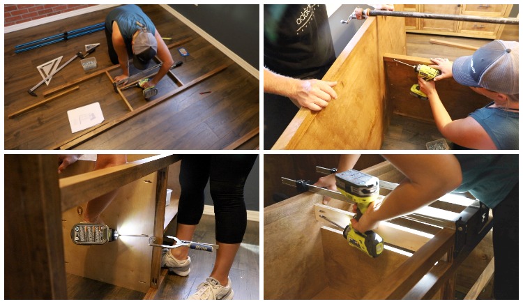 Four-photo collage showing the assembly process of a DIY full-size captain's storage bed, including drilling pocket screws and attaching support panels