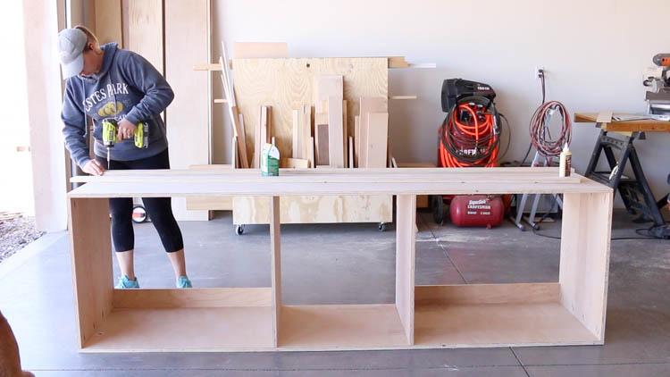 Building and attaching the bottom support frame to a DIY plywood miter saw bench