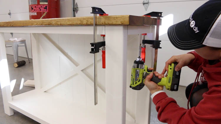 Clamping and attaching stained wood tabletop to painted white farmhouse console table base