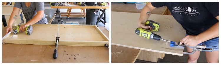 Two-photo collage of drilling pocket holes into large plywood support panels for a DIY captain's bed using a Kreg R3 pocket hole jig