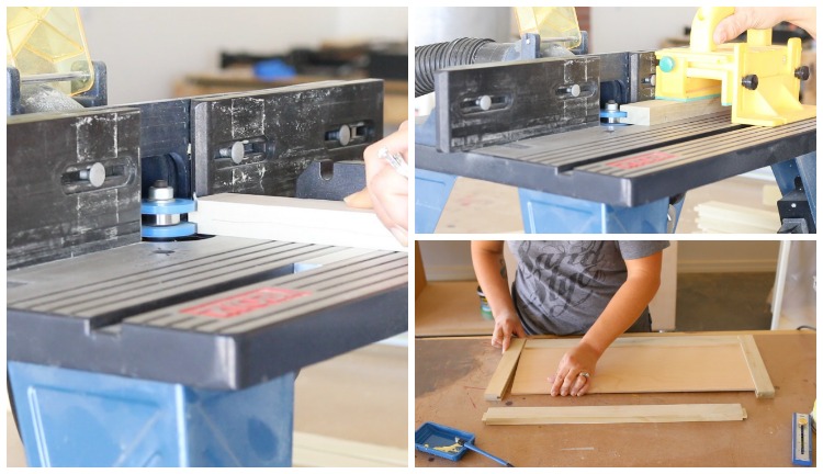 Three-photo collage showing tongue-and-groove router bit setup and assembly of frame-and-panel drawer faces and cabinet doors for a DIY storage bed