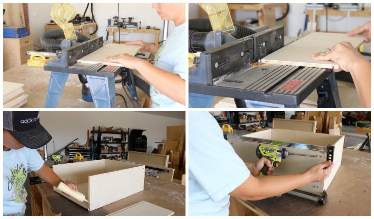 Four-photo collage of routing dado grooves and assembling plywood drawer boxes for a DIY captain's bed with storage