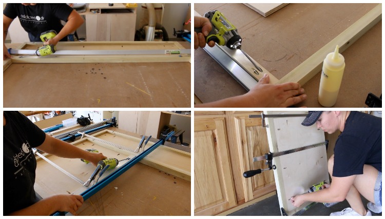 Four-photo collage showing the construction of the headboard and footboard for a DIY full-size captain's storage bed using pocket screws and wood glue