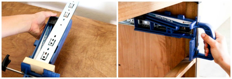 Using the Rockler Universal Drawer Slide Jig to position and install inset drawer slides inside the dresser cabinet