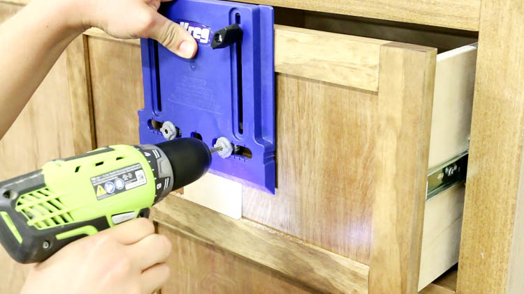 Using a Kreg cabinet hardware jig and drill to install pulls on DIY rustic dresser drawer fronts