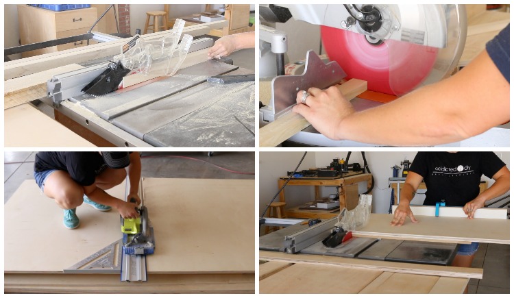 Four-photo collage of milling lumber on a table saw, crosscutting on a miter saw, and breaking down plywood sheets with a circular saw for a DIY storage bed build