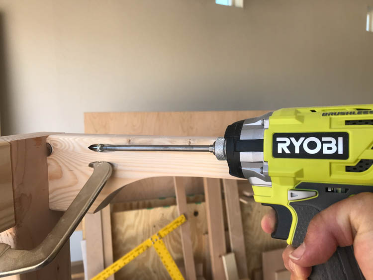 Attaching shelf bracket to hall tree frame with pocket screws using Ryobi drill