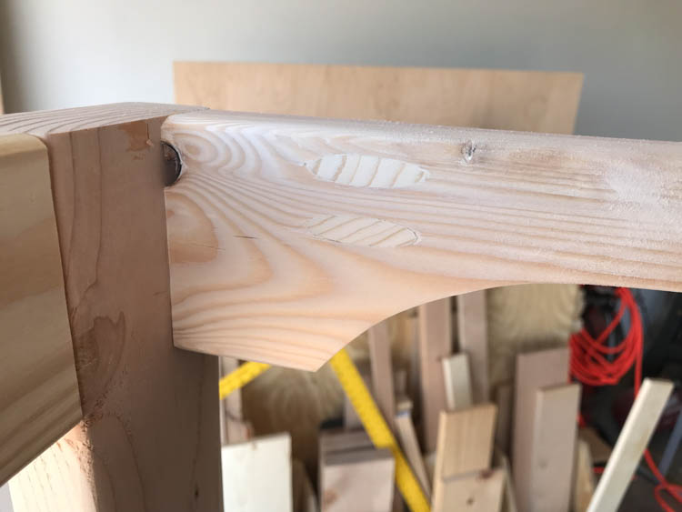 Shelf bracket with filled and sanded pocket holes for clean finish