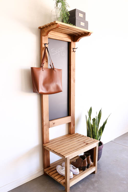 Pottery Barn inspired DIY hall tree with chalkboard and slatted bench in entryway