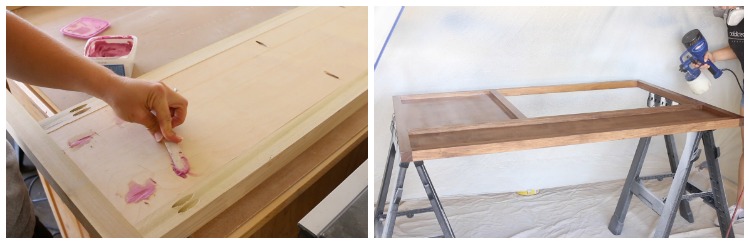 Two-photo collage showing applying wood filler to pocket holes and spray-finishing DIY captain's bed components with Varathane Special Walnut stain