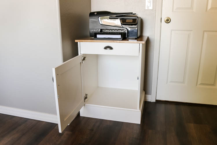 DIY modern farmhouse printer cabinet with door open showing empty interior storage space and printer on top