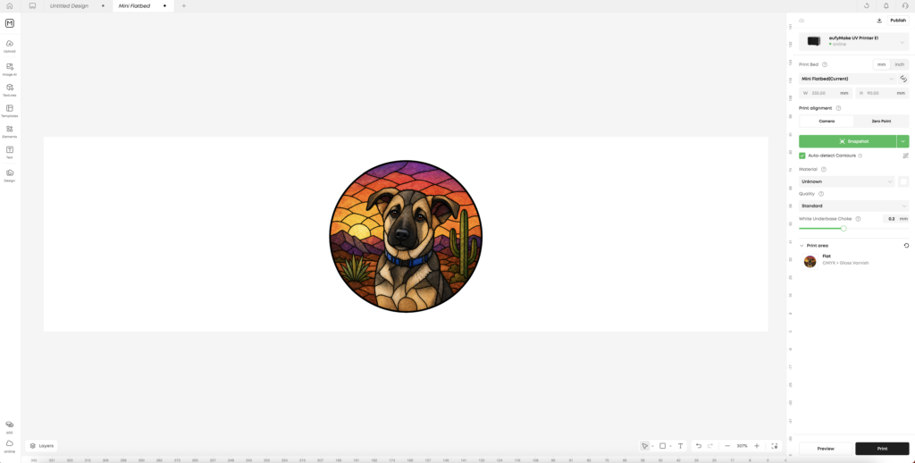 Screenshot of the EufyMake E1 software with a design of a stained glass image of a puppy