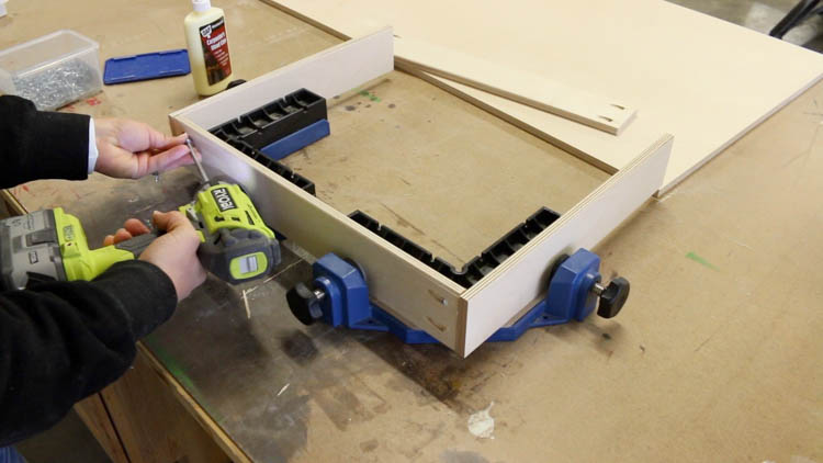 building the drawer box for the printer cabinet with pocket hole joinery