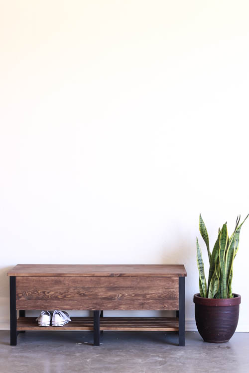Finished DIY storage bench with hidden storage and lower shelf