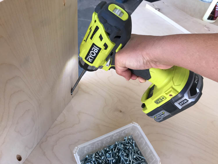 Hand using a Ryobi drill to fasten plywood side panels together with pocket hole screws, with a container of screws nearby