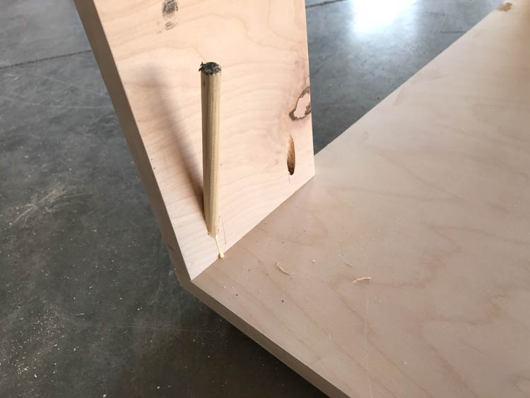 Close-up of a wooden dowel glued into a pocket hole on the corner leg detail of a DIY plywood coffee table
