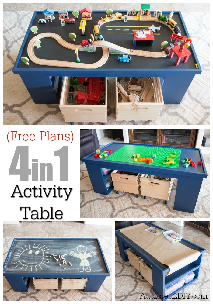 Collage showing four sides of a DIY 4-in-1 kids activity table including train track layout, Lego surface, chalkboard, and drawing paper roll