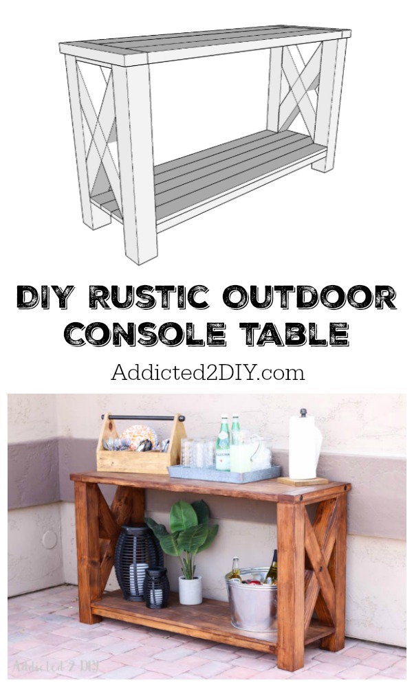Pinterest graphic showing a 3D build diagram and finished DIY rustic outdoor console table styled as a patio drink station on a brick patio