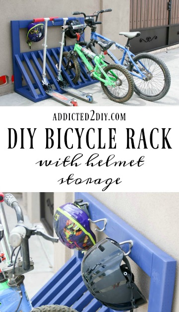 Pinterest graphic for a DIY bicycle rack with helmet storage showing the finished blue bike rack holding kids' bikes and scooters, with a close-up of helmets hanging on coat hooks
