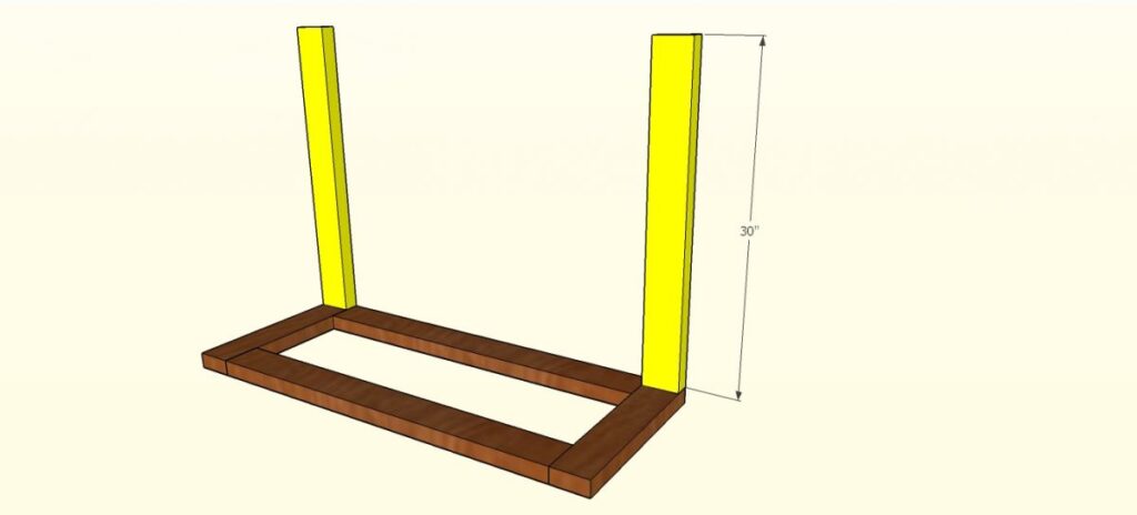 Sketchup build diagram showing the base frame and 30-inch back uprights for a DIY garage bike rack