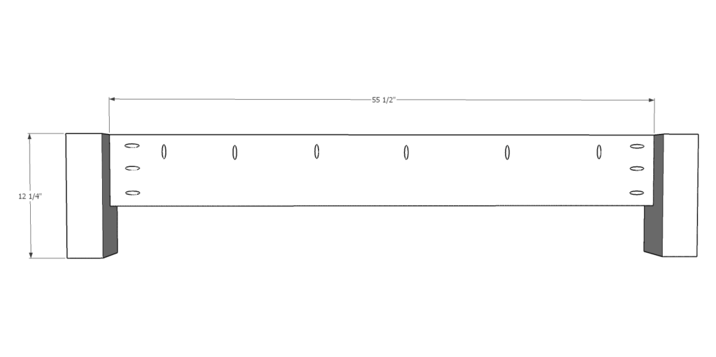 Technical diagram showing footboard construction with 55 and a half inch width and 12 and a quarter inch height dimensions and pocket hole locations