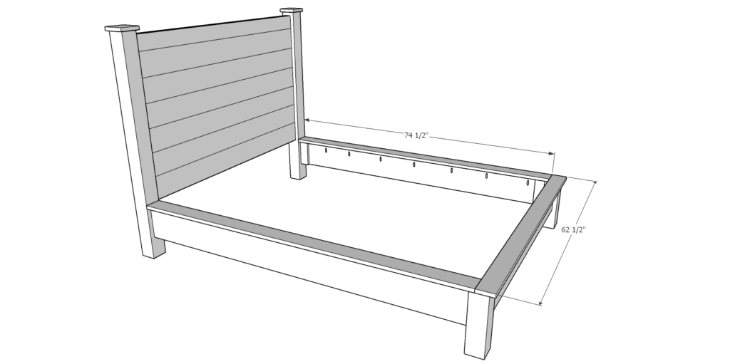 Technical build diagram showing assembled bed frame with side rail length of 74 and a half inches and width of 62 and a half inches