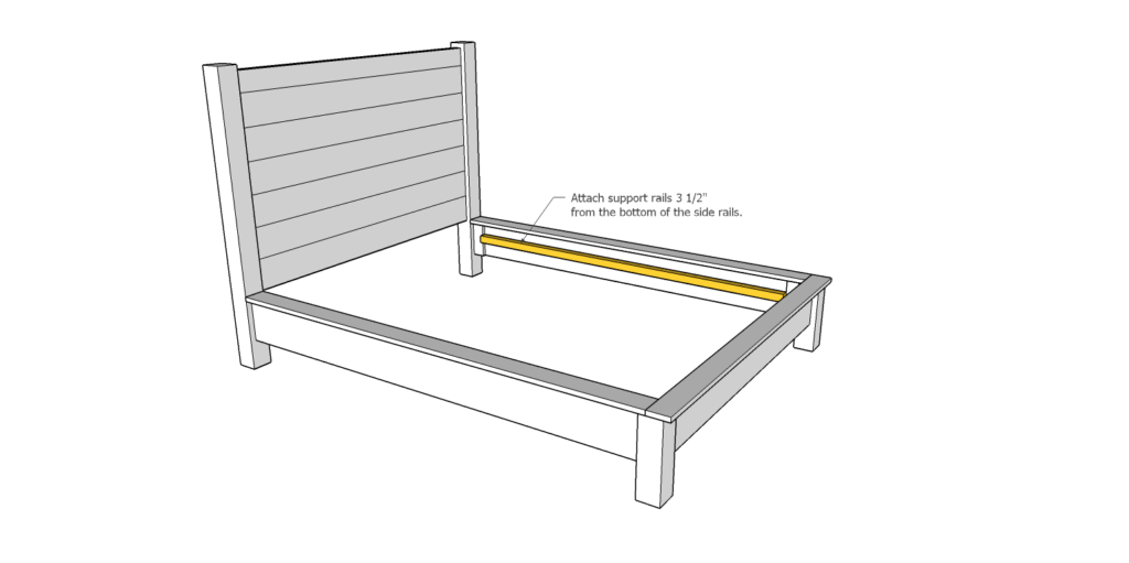 Build diagram showing 2x2 interior mattress support rails highlighted in yellow attached 3 and a half inches from the bottom of the side rails