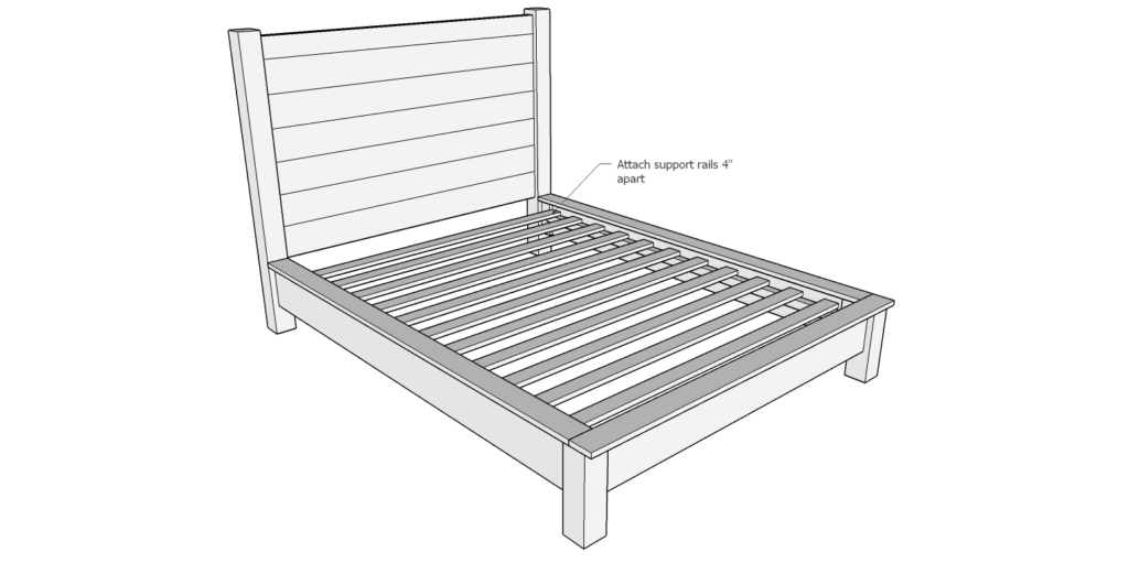 Build diagram showing completed bed frame with 1x3 mattress slats installed 4 inches apart across the interior support rails