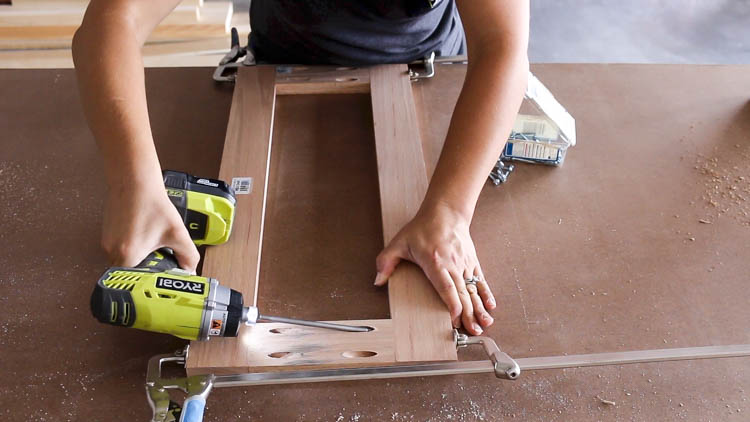 Clamping and screwing together an oak cabinet door frame with pocket holes