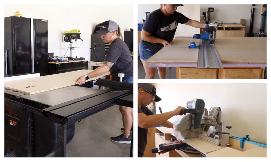 DIYer cutting plywood for a mudroom built-in using a table saw, track saw and miter saw
