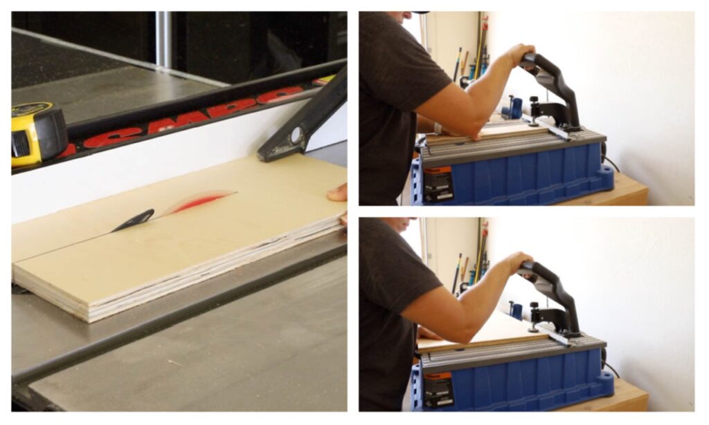 Cutting plywood on a table saw and drilling pocket holes in it